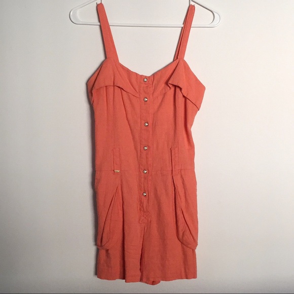 DOLLY Coral Button-Front Romper Sweetheart Neckline Pockets Sz M - Picture 2 of 6